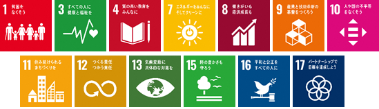 「1.貧困をなくそう」の文字と、子どもや大人、男性女性が横一列に並んでいるSDGs目標1のアイコンと、「3.すべての人に健康と福祉を」の文字と、心電図のグラフのような線の先にハートマークが描かれているSDGs目標3のアイコンと、「4.質の高い教育をみんなに」の文字と、開かれた本と鉛筆が描かれているSDGs目標4のアイコンと、「7.エネルギーをみんなにそしてクリーンに」の文字と、太陽のイラストの中央に電源マークのアイコンがあるSDGs目標7のアイコンと、「8.働きがいも経済成長も」の文字と、棒グラフと右上がりの矢印が描かれているSDGs目標8のアイコンと、「9.産業と技術革新の基盤をつくろう」の文字と、L字型に置かれた3つの立方体の上にもう1つの立方体が置かれているイラストが描かれているSDGs目標9のアイコンと、「10.人や国の不平等をなくそう」の文字と、白地の正方形の中央の色がくり抜かれイコールのマークが描かれているSDGs目標10のアイコンと、「11.住み続けられるまちづくりを」の文字と、家やビルが横一列に並んでいるSDGs目標11のアイコンと、「12.つくる責任つかう責任」の文字と、無限大のマーク中央の一部が矢印になっているSDGs目標12のアイコンと「13.気候変動に具体的な対策を」の文字と、目のイラストの瞳の部分が地球になっているSDGs目標13のアイコンと、「15.陸の豊かさも守ろう」の文字と、1本の木の横を3羽の鳥が飛んでいるSDGs目標15のアイコンと、「16.平和と公正をすべての人に」の文字と、横に置かれた小さなハンマーのような上に葉を銜えているハトのイラストが描かれているSDGs目標16のアイコンと「17.パートナーシップで目標を達成しよう」の文字と、5つの輪が重なって花の形のようになっているSDGs目標17のアイコンの写真