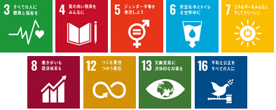 左上から「3.すべての人に健康と福祉を」の文字と、心電図のグラフのような線の先にハートマークが描かれているSDGs目標3のアイコン、「4.質の高い教育をみんなに」の文字と、開かれた本と鉛筆が描かれているSDGs目標4のアイコン、「5.ジェンダー平等を実現しよう」の文字と、男性を表す記号・女性を表す記号の円の部分が1つで描かれ、円の中にイコールが記されているSDGs目標5のアイコン、「6.安全な水とトイレを世界中に」の文字と、下向きの矢印が描かれたタンクのような容器に入っている水のイラストが描かれているSDGs目標6のアイコン、「7.エネルギーをみんなにそしてクリーンに」の文字と、太陽のイラストの中央に電源マークのアイコンがあるSDGs目標7のアイコン、左下から「8.働きがいも経済成長も」の文字と、棒グラフと右上がりの矢印が描かれているSDGs目標8のアイコン、「12.つくる責任つかう責任」の文字と、無限大のマーク中央の一部が矢印になっているSDGs目標12のアイコン、「13.気候変動に具体的な対策を」の文字と、目のイラストの瞳の部分が地球になっているSDGs目標13のアイコン、「16.平和と公正をすべての人に」の文字と、横に置かれた小さなハンマーのような上に葉を銜えているハトのイラストが描かれているSDGs目標16のアイコン