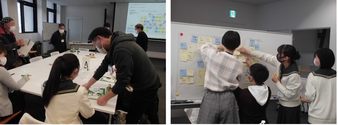 左:広い会議室で、マスクを着用した参加者たちが白い大きなテーブルを囲み、手前で制服を着た女子学生と男性が資料を見ながら話し合いをしている市民ワークショップの様子の写真、右:参加者の児童、学生4人が、ホワイトボードに貼られた多数の付箋を熱心に整理し、意見を出し合っている市民ワークショップの様子の写真