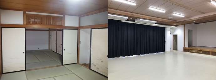 (左)ふすまで仕切られた二間続きの和室の写真、(右)大きな窓に黒いカーテンが引かれた、板張りの舞台がある白い床の室内の写真