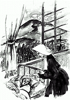 窓際にベッドが置かれ、山並みが見える背景の室内で、修道服を着たケサが寝ている患者を看病している様子のイラスト