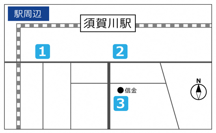 須賀川駅周辺駐車場が1から3の番号で示された地図