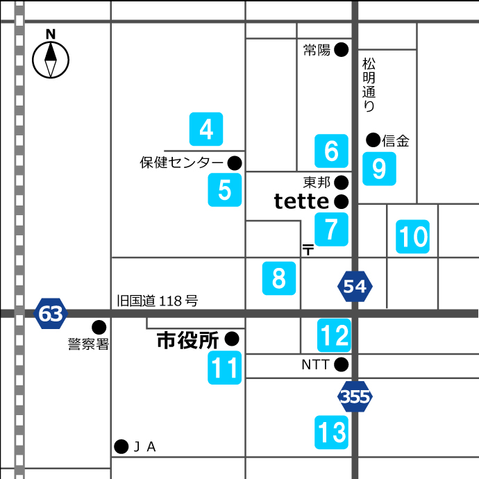 中町周辺駐車場が4から13の数字で示された地図