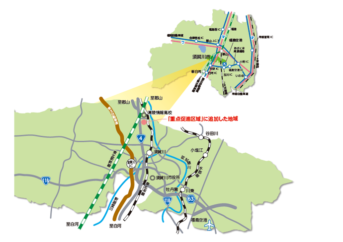 重点促進区域に追加した個所を赤丸、赤文字で示された地図