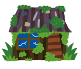 荒れて草木に覆われた空き家のイラスト