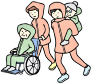 避難用の防寒着を着用した人々が、車椅子に乗った高齢者を押したりおんぶをしたりしている様子のイラスト