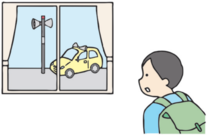 屋外にある防災行政無線のスピーカーや広報車を、リュックを背負った人物が窓越しから眺めている様子のイラスト