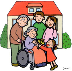イラスト：車いすのおばあさんを囲む家族