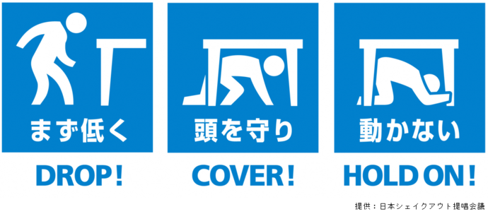 姿勢を低く、頭や体を守り、その場に留まる