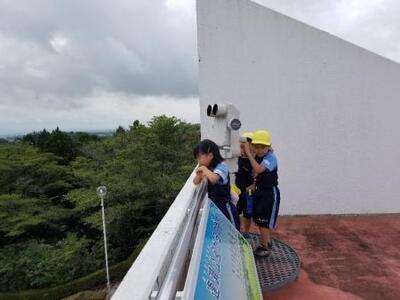 写真：展望台から景色を見る子どもたち