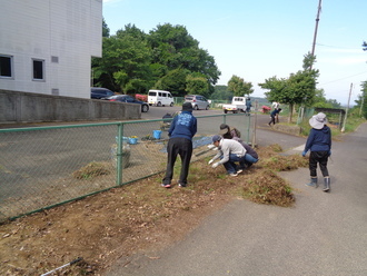 白い建物の近くにある緑色のフェンス沿いの道路で、帽子や長靴を身につけた数人の人々が、しゃがみ込んで草を抜いたり刈り取った草を片付けたりして清掃作業を行っている写真