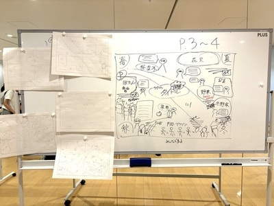 ホワイトボードに複数の紙資料が貼られ、中央にはページ構成を示す手描きの詳細なレイアウト図が大きく描かれている写真