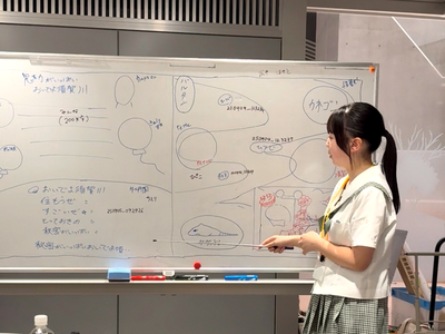 女子生徒がホワイトボードに描かれた図やメモを指し示しながら説明内容を整理している様子の写真