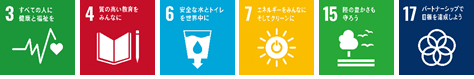 左から「3.すべての人に健康と福祉を」の文字と、心電図のグラフのような線の先にハートマークが描かれているSDGs目標3のアイコン、「4.質の高い教育をみんなに」の文字と、開かれた本と鉛筆が描かれているSDGs目標4のアイコン、「6.安全な水とトイレを世界中に」の文字と、下向きの矢印が描かれたタンクのような容器に入っている水のイラストが描かれているSDGs目標6のアイコン、「7.エネルギーをみんなにそしてクリーンに」の文字と、太陽のイラストの中央に電源マークのアイコンがあるSDGs目標7のアイコン、「15.陸の豊かさも守ろう」の文字と、1本の木の横を3羽の鳥が飛んでいるSDGs目標15のアイコン、「17.パートナーシップで目標を達成しよう」の文字と、5つの輪が重なって花の形のようになっているSDGs目標17のアイコンのイラスト
