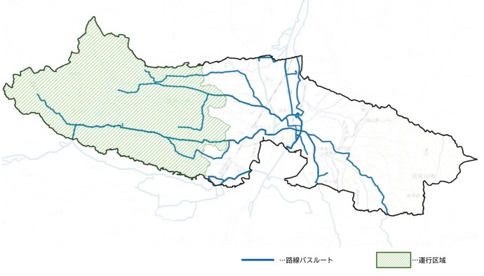 路線バスルートを青線、運行区域の背景を緑色で示した運行エリアイメージの地図
