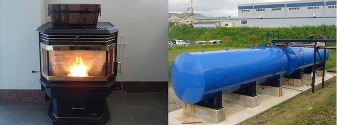 （左）火が点いた黒いペレットストーブの写真、（右）屋外設置された大きな円柱形の青い雨水貯水タンクの写真