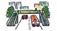 都市の建物に囲まれた道路を赤い車とオレンジ色のバスが走りその上に歩道橋が架かる様子のイラスト
