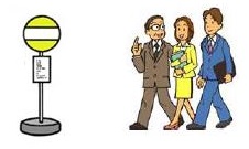 バス停の標識の横をスーツ姿の三人が軽やかに談笑しながら並んで歩いていく様子のイラスト