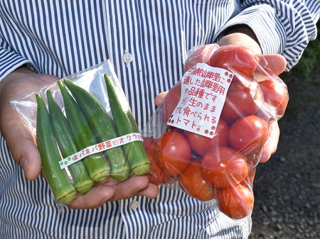 両手で野菜の袋を持ち、右手には緑色のオクラが6本入った透明パック、左手には赤いミニトマトが多数入った袋があり、トマトの袋には「生のままでも食べられるトマト」と書かれたラベルが貼られている写真