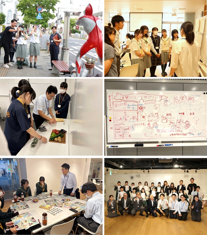 高校生たちが街歩き調査や調理実習、意見交換などを行っている5枚のワークショップ様子の写真と、1枚の参加者、関係者の集合写真