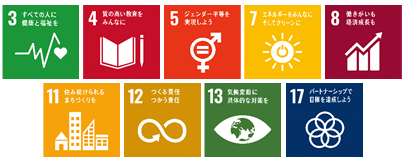 左上から「3.すべての人に健康と福祉を」の文字と、心電図のグラフのような線の先にハートマークが描かれているSDGs目標3のアイコン、「4.質の高い教育をみんなに」の文字と、開かれた本と鉛筆が描かれているSDGs目標4のアイコン、「5.ジェンダー平等を実現しよう」の文字と、男性を表す記号・女性を表す記号の円の部分が1つで描かれ、円の中にイコールが記されているSDGs目標5のアイコン、「7.エネルギーをみんなにそしてクリーンに」の文字と、太陽のイラストの中央に電源マークのアイコンがあるSDGs目標7のアイコン、「8.働きがいも経済成長も」の文字と、棒グラフと右上がりの矢印が描かれているSDGs目標8のアイコン、左下から「11.住み続けられるまちづくりを」の文字と、家やビルが横一列に並んでいるSDGs目標11のアイコン、「12.つくる責任つかう責任」の文字と、無限大のマーク中央の一部が矢印になっているSDGs目標12のアイコン、「13.気候変動に具体的な対策を」の文字と、目のイラストの瞳の部分が地球になっているSDGs目標13のアイコン、「17.パートナーシップで目標を達成しよう」の文字と、5つの輪が重なって花の形のようになっているSDGs目標17のアイコン