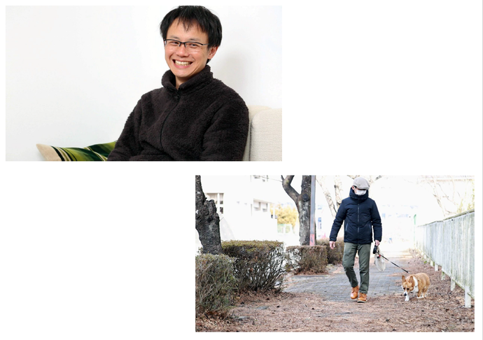 上段は白い壁とソファがある室内で、黒いフリースを着た関本さんが座り、膝の上に手を置いている様子が見える。下段は屋外の歩道で、枯れ葉が散った地面と植え込みが並び、関本さんが黒い上着と緑のパンツを着用し、茶色と白の犬をリードで連れて歩いている様子を示す写真