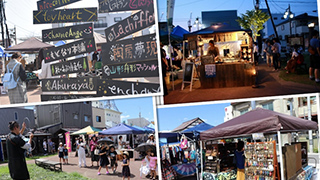 昼夜の屋外マルシェの様子を写した4枚のコラージュ。店名の看板、並ぶテント、買い物客、夜の屋台の照明などが賑やかな雰囲気