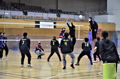 体育館にてバレーボールの試合が行われており、背番号の付いた黒いユニフォームを着た選手たちが、ネット際で高く上がったボールをブロックしようとジャンプする相手選手をコート内から見守っている、白熱した競技風景の写真