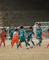 芝生の上でサッカーの試合をしている子どもたちの写真