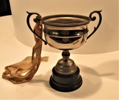 片方の取っ手にリボンが付いた、シルバーのカップの写真