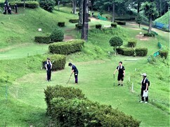 周囲には手入れされた低い生垣や大きな樹木が点在している緑豊かで起伏のあるパークゴルフ場にて、黒いスポーツウェアを着た4人のプレイヤーが芝生の上でパッティングを行っている写真