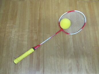 赤と白の配色で、長い柄の先に黄色のグリップが付いたラケットの上に、黄色いボールが乗っている写真