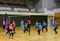 体育館のコートにて、ピンク色のビブスを着用したチームのアタッカーがネット際で高く跳躍し、白球を相手コートへスパイクする瞬間を、水色のシャツを着た対戦相手たちが守備を固めて見守るバレーボールの試合風景写真