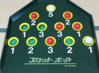 「スカットボール」の文字が入った濃い緑色の得点ボードに、1、2、3,5の得点が表示された複数の穴があり、いくつかの穴に白や赤のボールが入っている写真