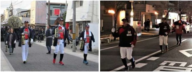 左：赤と白の上下の野球ユニフォームの上に濃紺の法被を着て帽子をかぶった3人の福島レッドホープスの選手が提灯を手に、街中を練り歩く松明行列を先導している様子の写真、右：日が落ちた街中の道路を右手に松明を持った野球のユニフォームを着た福島レッドホープスの男性たち3人が走っている様子の写真