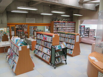 木製書架が整然と並ぶ明るい図書館の児童書コーナーが広がり、豊富な本が見やすく配置された写真
