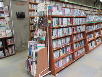 文庫本などの書籍が通路に沿って続く茶色い背の高い書棚に整然と並べられている写真