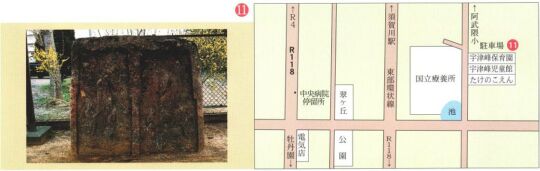 左：碑面が中央で左右に分かれている石碑の写真、右：道路や付近の施設が描かれ、その場所がわかる案内地図のイラスト