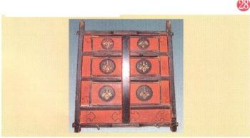 黒い木枠に朱色の戸と引き出しが組み合わされ、引き出しの中央には金色で紋が描かれた、古風な造りの小さな箪笥を正面から捉えた写真