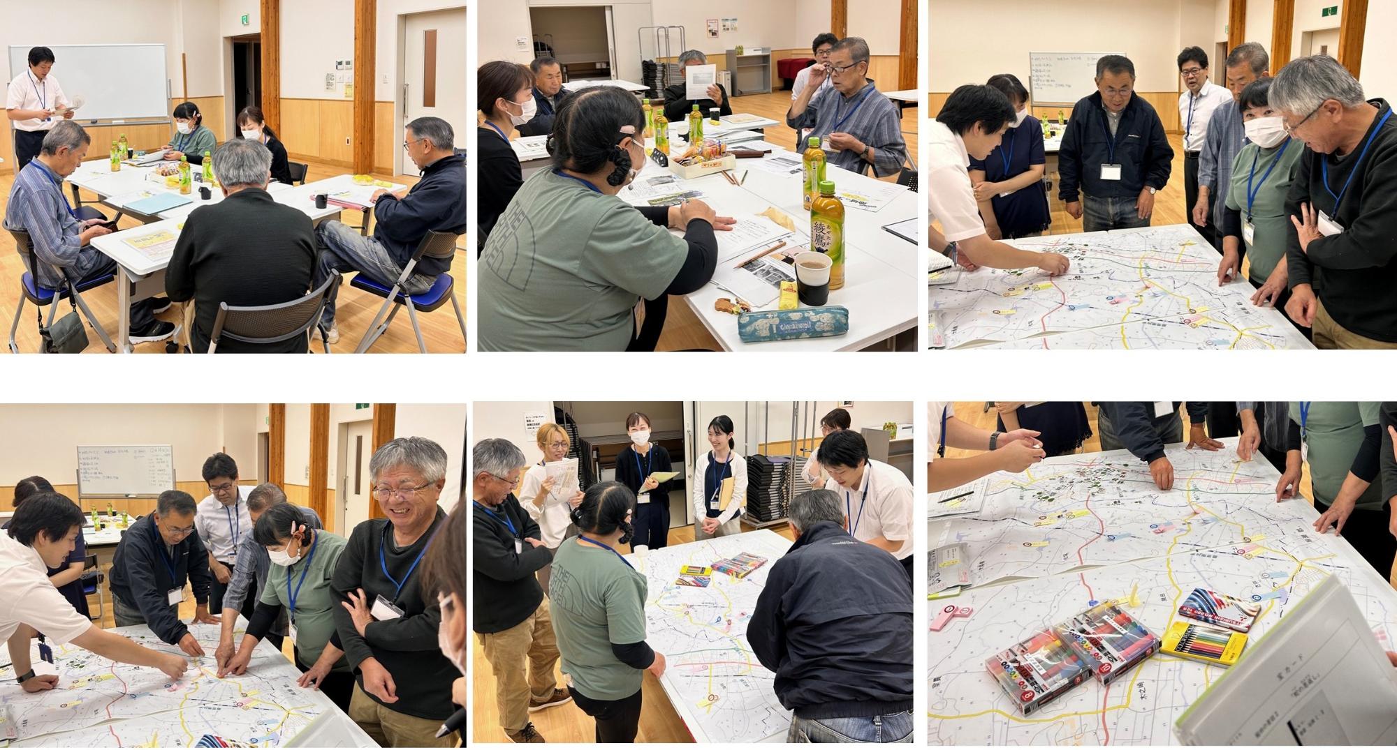 明るい室内で参加者たちが机を囲み、資料を読み合わせたり地図に書き込みをしたりしながら熱心に議論を行い、最後は前方で並んで発表を行うといった、グループワークから成果発表までの一連の活発なワークショップ風景