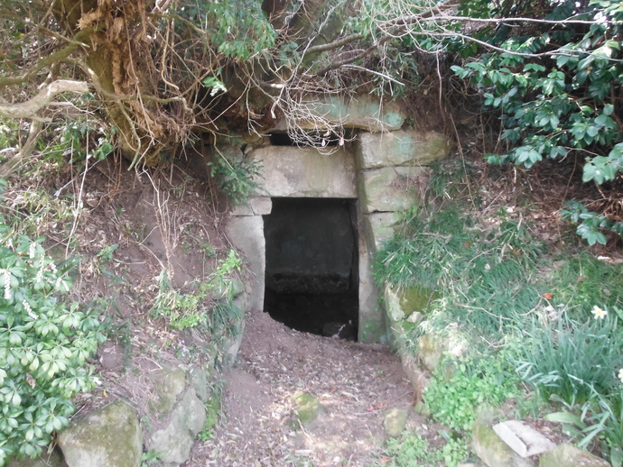 草木が茂る土手のような傾斜地に、大きな石を組み合わせて造られた堅牢な石積みの開口部があり、その奥へと続く暗い石室の内部がわずかに見えている、横穴式石墳の入り口を正面から捉えた蝦夷穴古墳入り口の写真