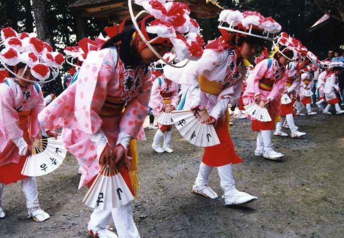 紅白の大きな花飾りを頭に戴き、ピンク色の華やかな着物に赤い前垂れ、白い脚絆を身に纏った子供たちが、手に持った白い扇を広げながら一列になって地面を踏みしめ踊る地域の民俗芸能の写真