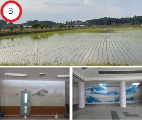 水を張った田んぼの風景写真の上に赤い丸で3の番号が示され、下段には校舎内の魚と空の壁画が並ぶ三分割構成の画像写真