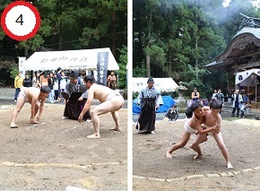 屋外の神社境内で行われる奉納相撲の様子を左右二枚で示し、まわし姿の力士が取組む場面と観客やのぼり、左上に赤丸で4の番号が付された構成写真