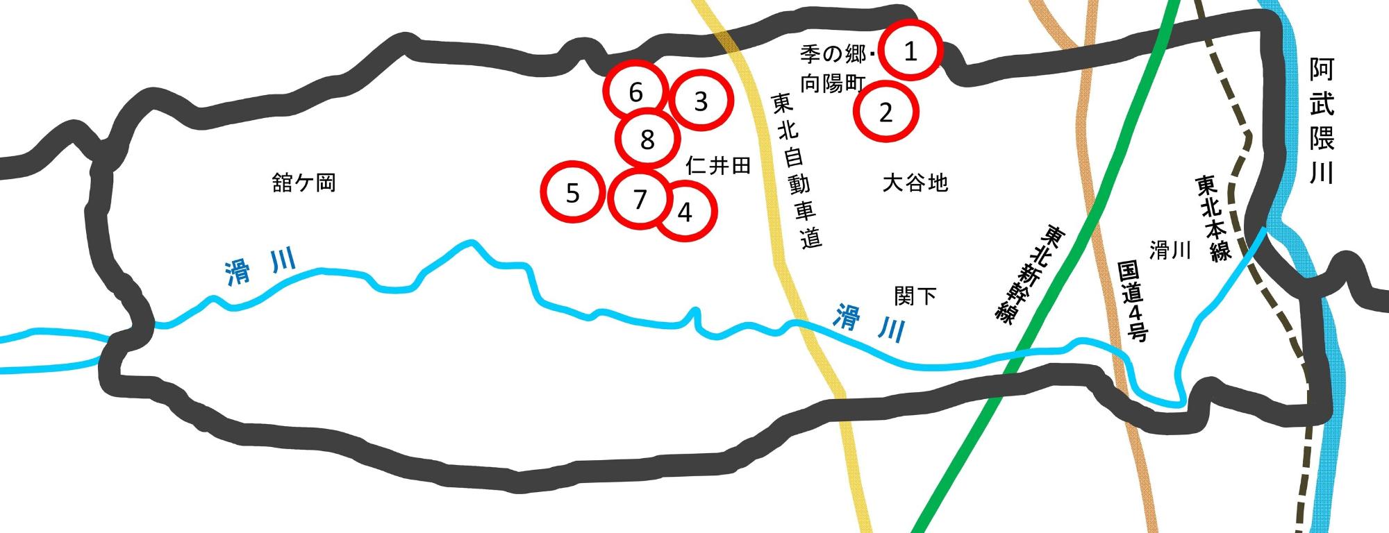 仁井田地区の地図（1）向陽町 （2）季の郷 （3）～（8）仁井田