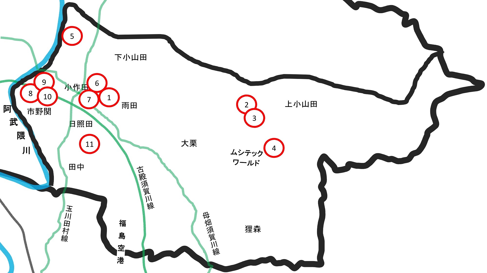 大東の地域の宝の地図：（1）小作田 （2）～（4）上小山田 （5）小倉 （6）～（7）小作田 （8）～（10）小作田 （11）日照田