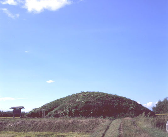 緑の草に全体を覆われたなだらかな曲線を描く古墳が中央に位置し、左手には屋根付きの案内板が設置されている大塚古墳の写真