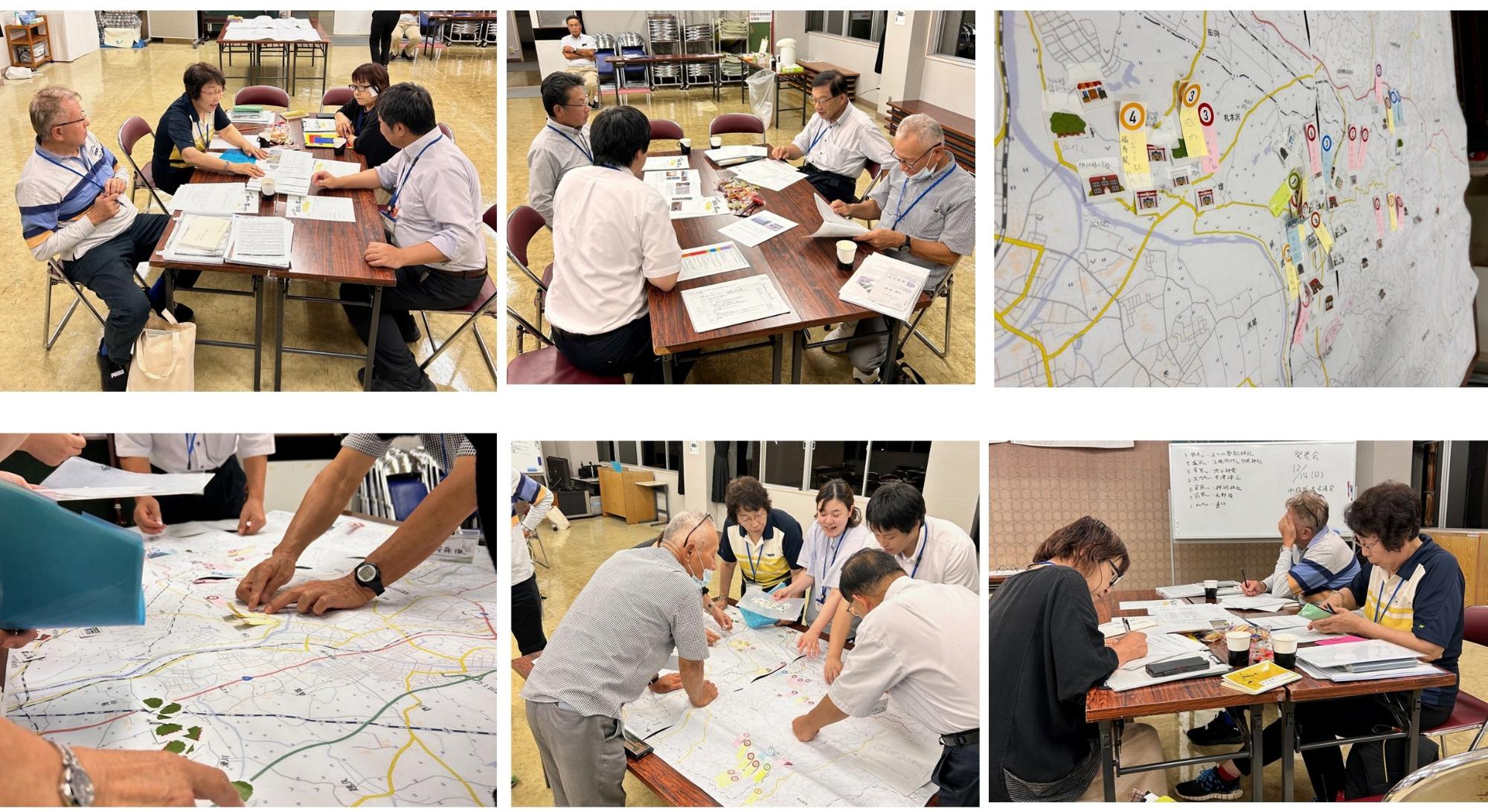 明るい室内で参加者たちが机を囲み、資料を読み合わせたり地図に書き込みをしたりしながら熱心に議論を行い、最後は前方で並んで発表を行うといった、グループワークから成果発表までの一連の活発なワークショップ風景