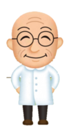 眼鏡をかけ微笑みながら後ろ手に立つ、白衣を着た三等身ほどの頭が大きく可愛らしい老齢の首藤先生のイラスト