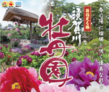 手前に赤、ピンク、紫の牡丹の花が大きく映った須賀川牡丹園の写真に「春の陽に燦爛と咲く優美な彩り」「国指定名勝 須賀川牡丹園」の文字が書かれた画像